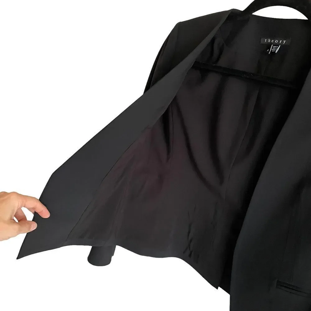 THEORY Black Open Front Cropped Long Sleeve Blazer Jacket 0